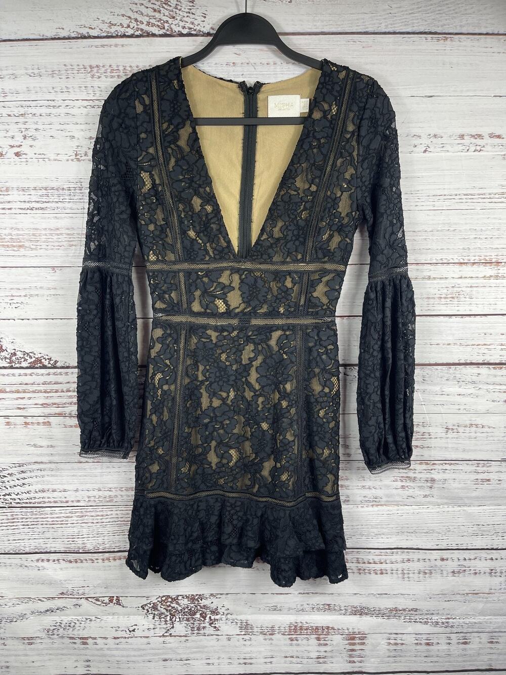 Misha Collection Dress Womens 2 Black Lace Floral V Neck Long Sleeve Mini Ruffle